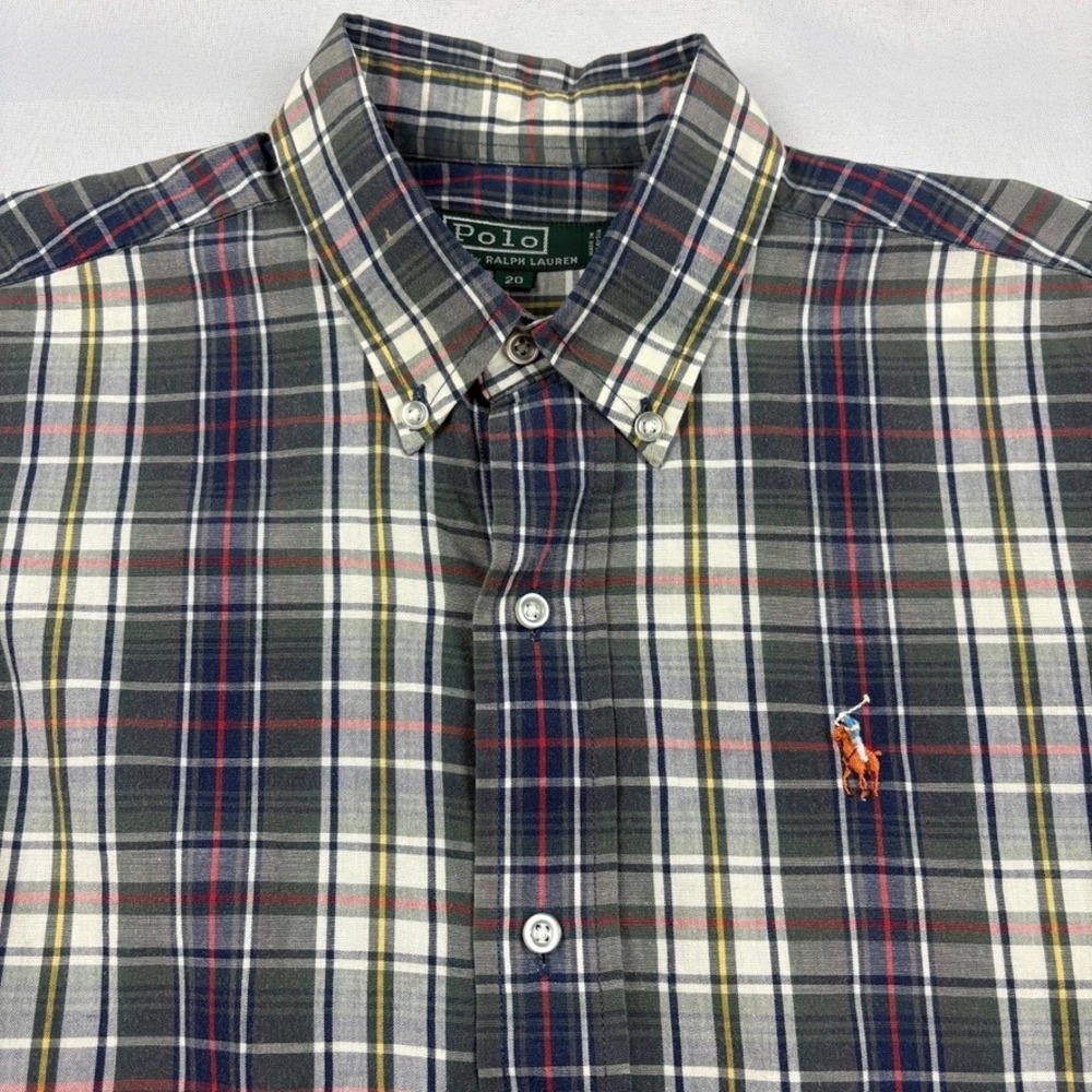 Ralph Lauren Boys XL 18/20 Plaid Button Down L/S Shirt Red Green Navy Flesh Pony
